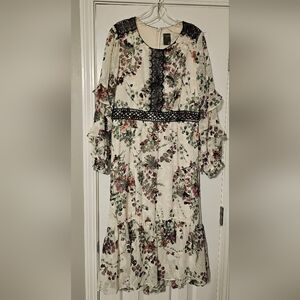 Off-White Floral Dress wRuffle Sleeves & Black Lace